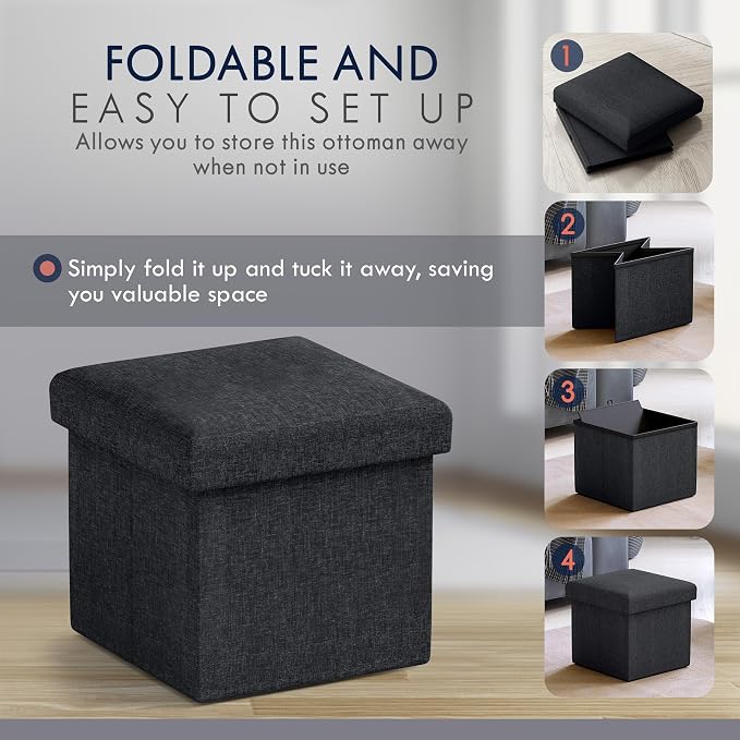 Ornavo Home Small Storage Ottoman Foldable Collapsible Cube Square Linen Ottoman Foot Rest Stool Seat, for Living Room, Bedroom, Home Office, Dorm - 12 x 12 x 12, Black