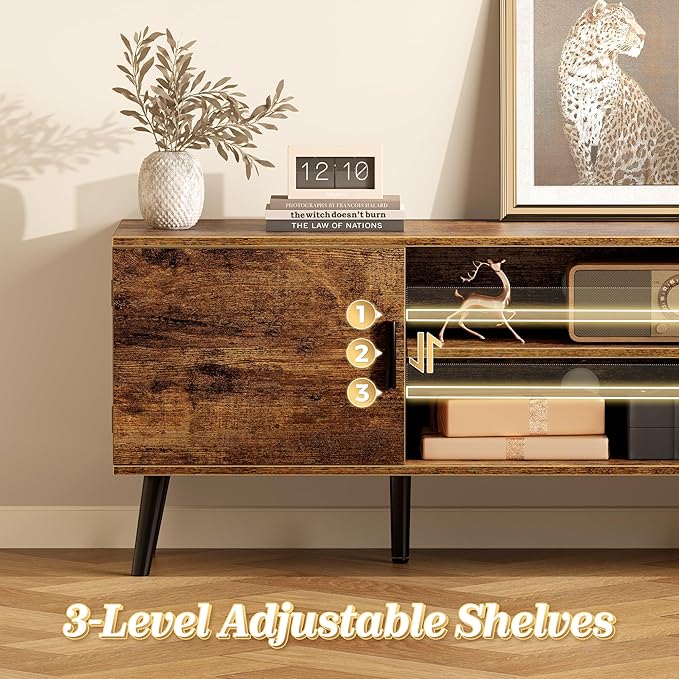 SUPERJARE TV Stand for 55 Inch TV, Entertainment Center with Adjustable Shelf, 2 Cabinets, TV Console Table, Media Console, Solid Wood Feet, Cord Holes, for Living Room, Bedroom, Rustic Brown