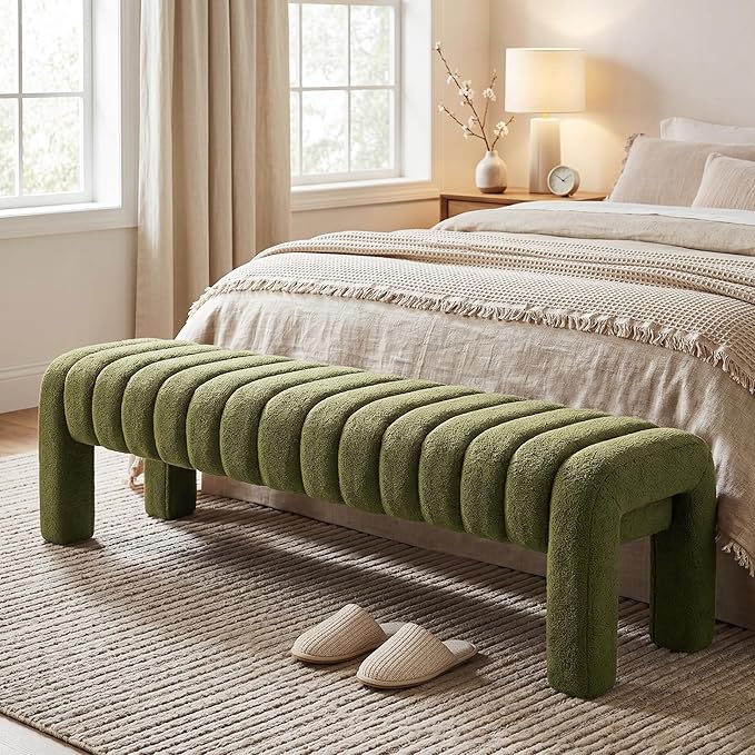 63’’ Bedroom Bench, Upholstered End of Bed Bench with Solid Wood Legs, Modern Cushioned Dining Bench with Full Covered Fabrics for Entryway, Bedroom, Living Room (Green, Boucle)