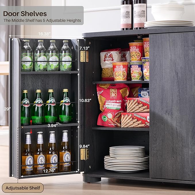 Curved Buffet Cabinet with Doors, 66" Large Sideboard Buffet Storage Cabinet with 4 Doors and Shleves, Modern Coffee Bar Station Wood Kitchen Table for Kitchen, Dining Room, Dark Grey