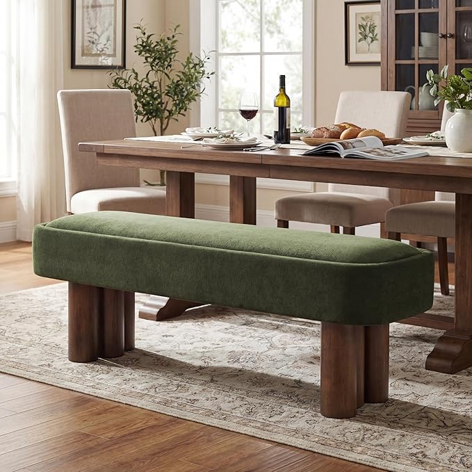 Merax 60.04'L Indoor Boucle Dining Bench with Walnut Color Legs, Upholstered Seating for Kitchen, Dining Room and Living Space,250lbs Capacity,Green