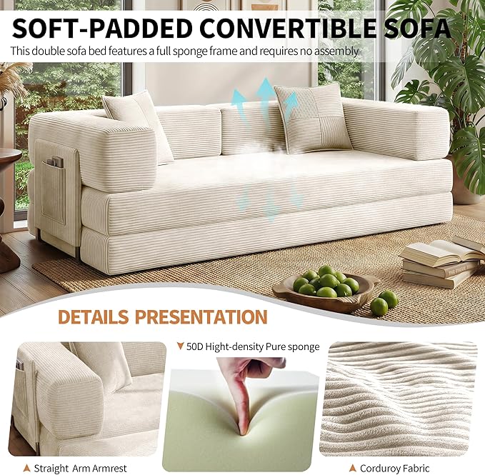 78.8" Convertible Sofa Bed with Armrest Pillow, 4-in-1 Sleeper Couch Bed for Livingroom, Modular Corduroy Boneless couches, No Assembly (Beige)