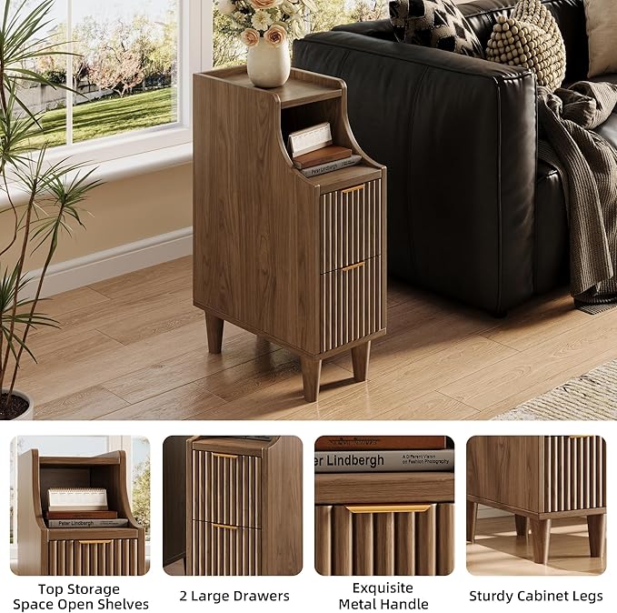 Fluted Nightstands Set of 2,Narrow Bedside Table with 2 Drawers & Storage, Farmhouse Walnut End Table Modern Side Table for Bedroom Livingroom Sofa Office