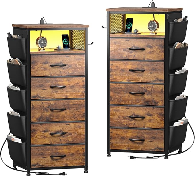 EnHomee Nightstands Set of 2 with 5 Drawers, Dresser with Charging Station and LED Light, Tall Nightstand with Extra Side Bag & Hooks, Bedroom, Closet, Hallway, Entryway, Rustic Brown
