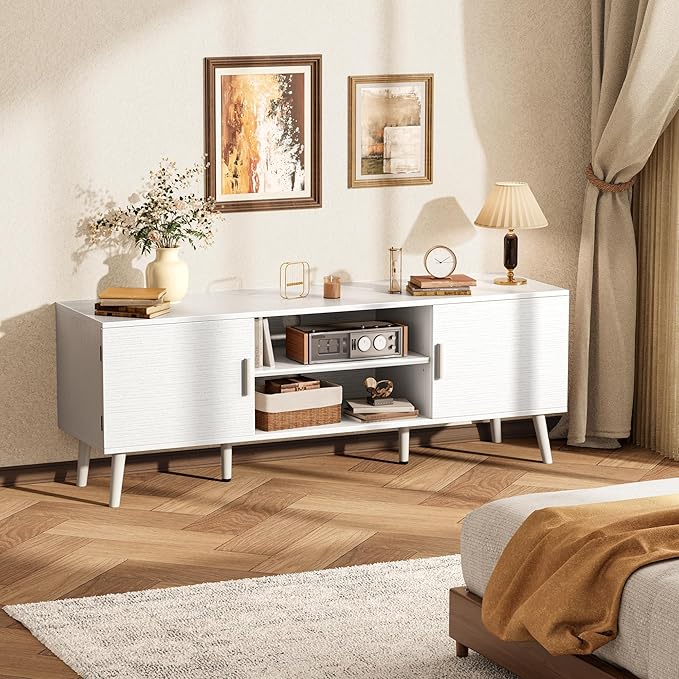 SUPERJARE TV Stand for 55 Inch TV, Entertainment Center with Adjustable Shelf, 2 Cabinets, TV Console Table, Media Console, Solid Wood Feet, Cord Holes, for Living Room, Bedroom, White