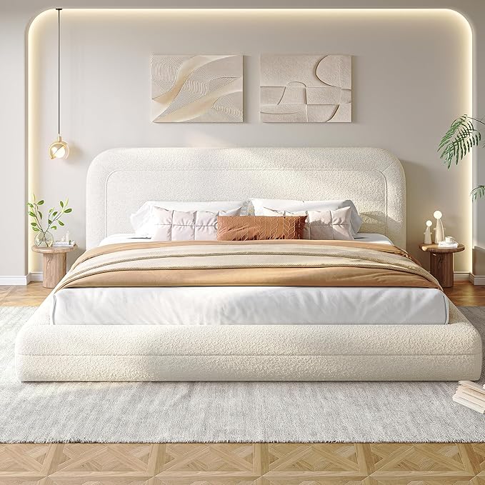 Homkdom Cloud Bed Frame and Headboard, Upholstered Soft King Size Bed Frame with Round Edges, Boucle Platform Bed for Apartments & Master Rooms & Guest Rooms, No Box Spring Needed,Beige