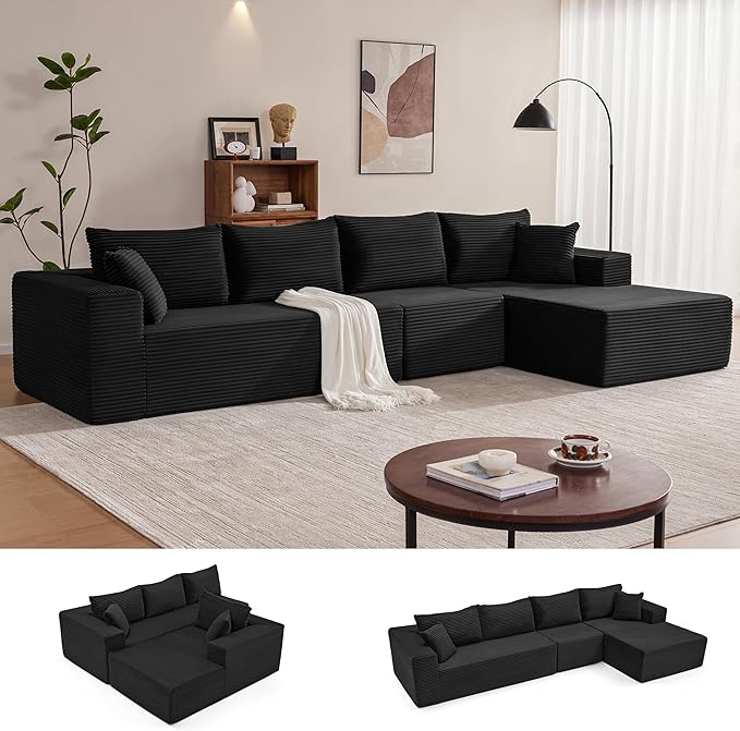 Mangodan 140” Cloud Sectional Couch, Boneless Sofa for Living Room, Modular Sectional Sofa with Deep Seat, Comfy Fluffy L-Shaped Couch with Right-Facing Chaise, No Assembly Required, Black