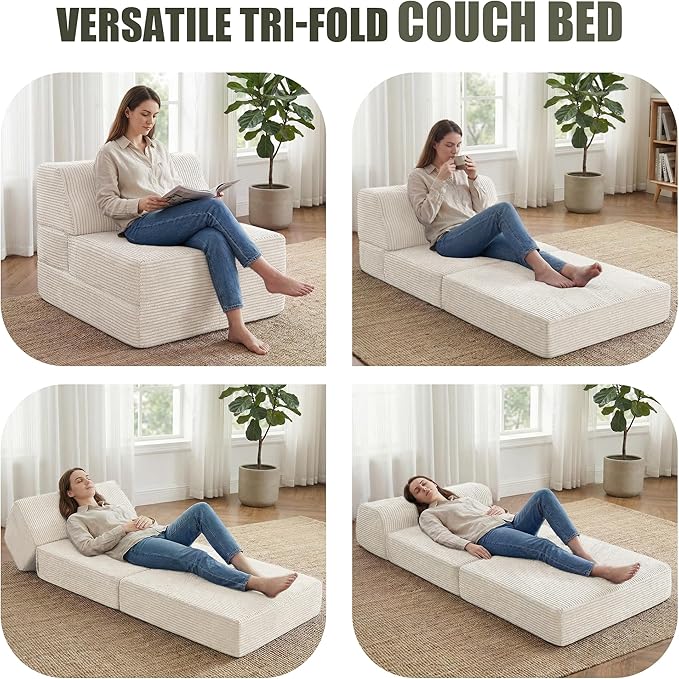 Kasunpul Folding Sofa Bed with Pillow, Memory Foam Fold Out Chair Bed, Convertible Sleeper Chair with Washable Cover, Futon Floor Couch for Living Room/Dorm/Guest Use/Home Office/Apartment, Beige