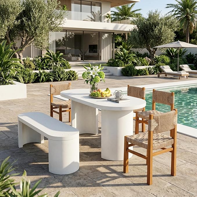 Christopher Knight Home Duro 6-Piece Outdoor Dining Set, Terrazzo Concrete Dining Table and Bench with 4 Acacia Wood Wicker Chairs, Patio Dining Table Set for Garden/Backyard, Light Brown+Teak+White