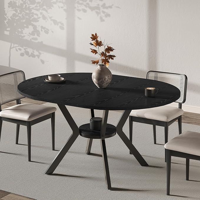 42"-58" Extendable Round Dining Table with Built-in Flip Leaf, Modern Oval Kitchen Table for 4-6, Space-Saving Small Room Furniture with Storage Shelf and X-Shaped Metal Base for Kitchen, Dining Room