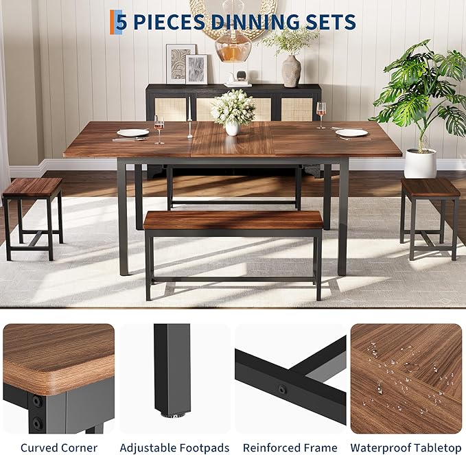 Garvee 5 PCs Extendable Dining Table Set for 4-8 People, 63 in Kitchen Table with 2 Benches & 2 Stools, Modern Dining Room Furniture, Easy Assembly Metal Frame