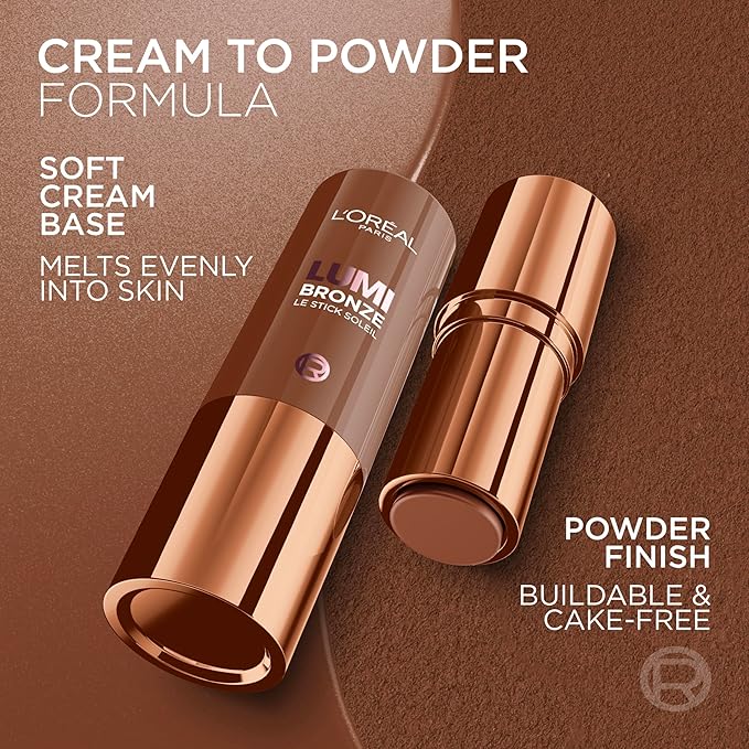 L'Oreal Paris Lumi Bronze Le Stick Soleil Bronzer Stick, Cream-To-Powder Bronzer For A Sunkissed Face Makeup Glow, 100 Sunkissed Rosé