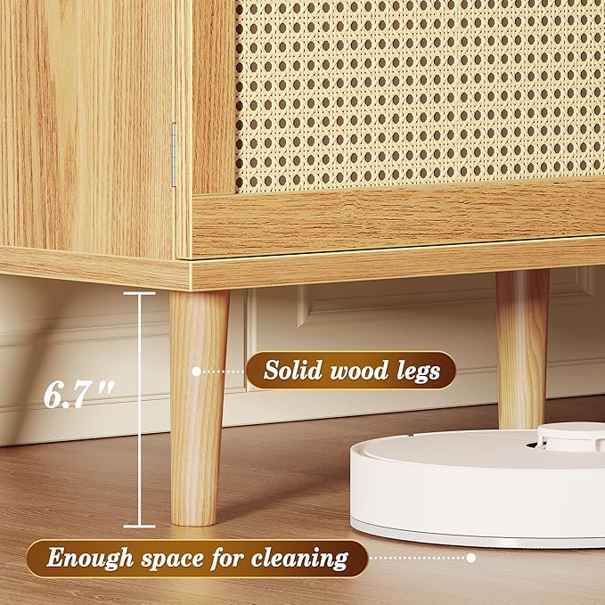 SUPERJARE Boho TV Stand for 65 Inch TV, Entertainment Center with Adjustable Shelf, Rattan TV Console with 2 Cabinets, Media Console, Solid Wood Feet, 4 Cord Holes, for Living Room - Natural