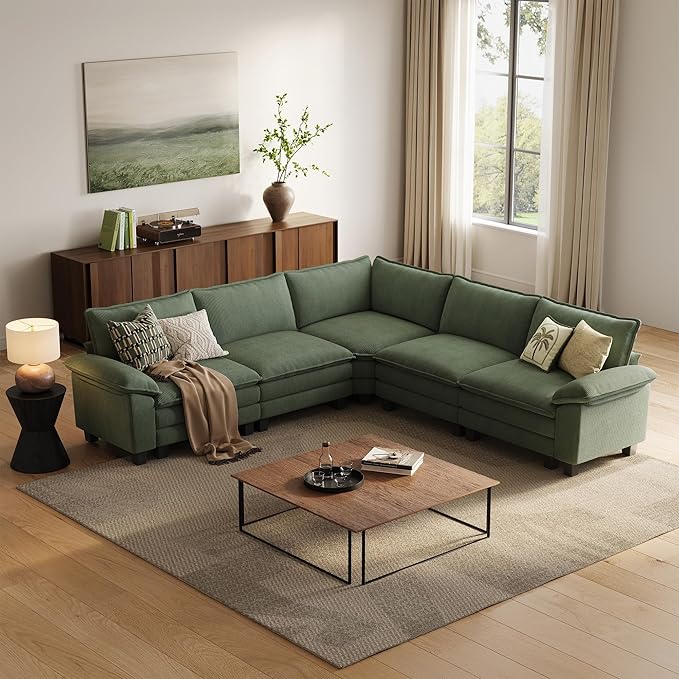 LINSY HOME Modular Sectional Sofa, 5-Seat Corduroy Modern Cloud Couch with Deep Seat, Perfect for Living Room, Office, Bedroom, Green
