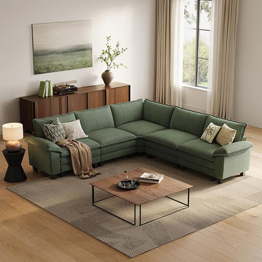 LINSY HOME Modular Sectional Sofa, 5-Seat Corduroy Modern Cloud Couch with Deep Seat, Perfect for Living Room, Office, Bedroom, Green