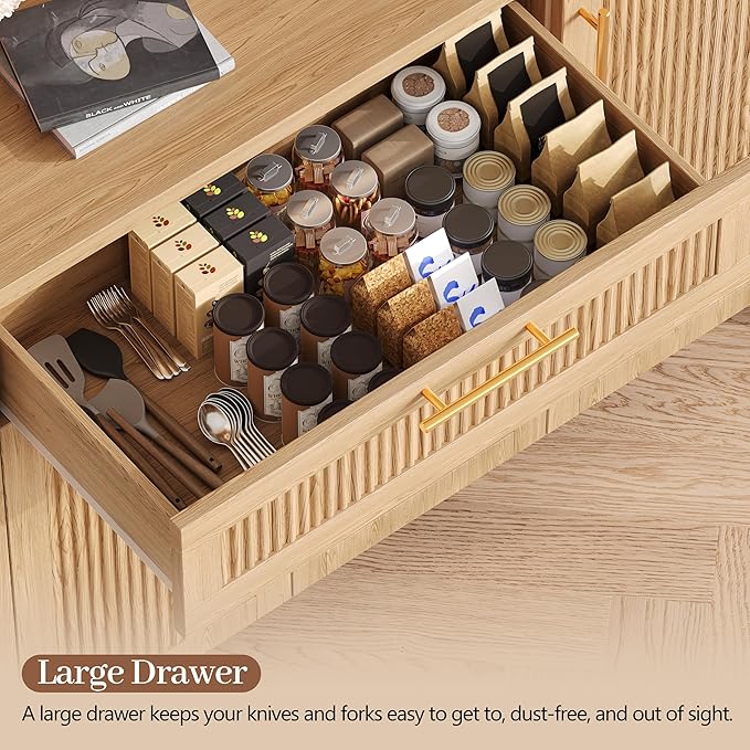 Fluted Kitchen Pantry Storage Cabinet with Charging Station, Coffee Bar Cabinet with Drawer & Adjustble Shelves, Tall Kitchen Hutch Cabinet with Microwave Stand, for Dining Room, Natural Oak