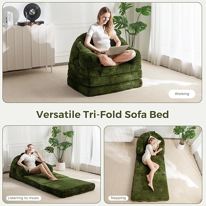 MAXYOYO Folding Sofa Bed, 2 in 1 Convertible Sofa to Lounger Comfy Single Bean Bag Chair for Adults, Floor Sleeper Couch with Handle, Faux Fur Couch Bed for Living Room Bedroom, Green