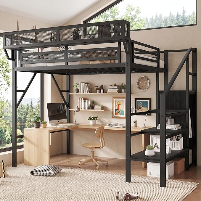 Mirightone Twin Size Loft Bed with Stairs and Storage, Metal Loft Bed Frame with A Shelf and Large Under-Bed Space, Heavy-Duty Loft Beds for Kids Boys Girls Teens, Black