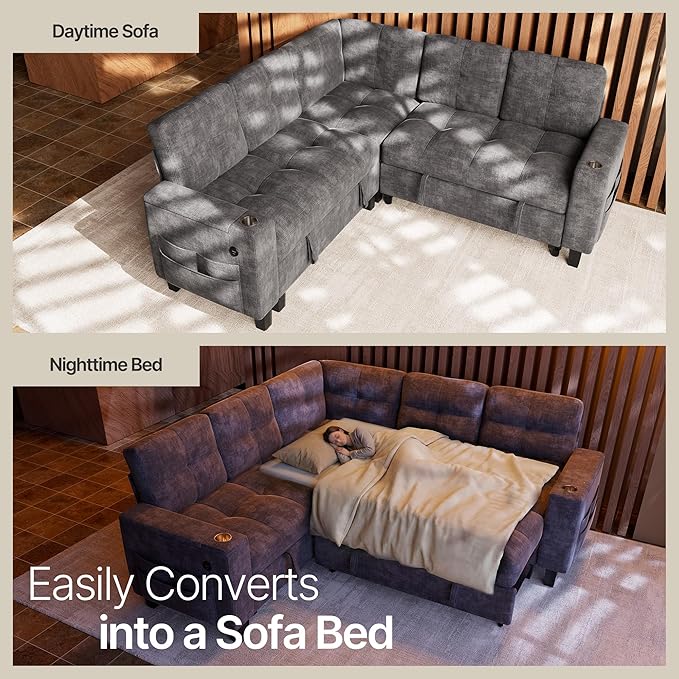 Marsail 84.6" Sectional Sleeper Sofa with Pull Out Bed, 5 Seat Modular Sectional Couch with Storage, USB & Cup Holders, Modern Chenille Cloud Sofa for Living Room, Light Gray