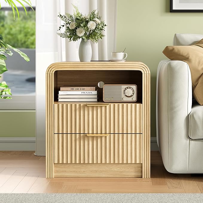 Decofy Fluted Nightstand with Charging Station, 19.7'' Wide Morden End Table with USB/Type-C Ports, 2 Drawers & Open Shelf, Curved Profile Design, Wood Bedside Table for Bedroom (Natural Oak)
