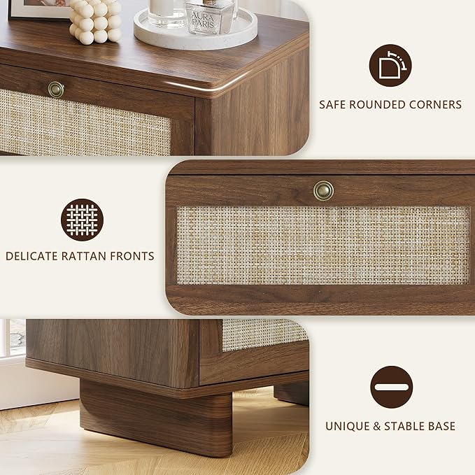 LAZZO Nightstands Set of 2, Mid Century Modern Night Stand with Rattan Drawers, Walnut Nightstand Bedside Table Set of 2, End Table for Bedroom (Walnut)