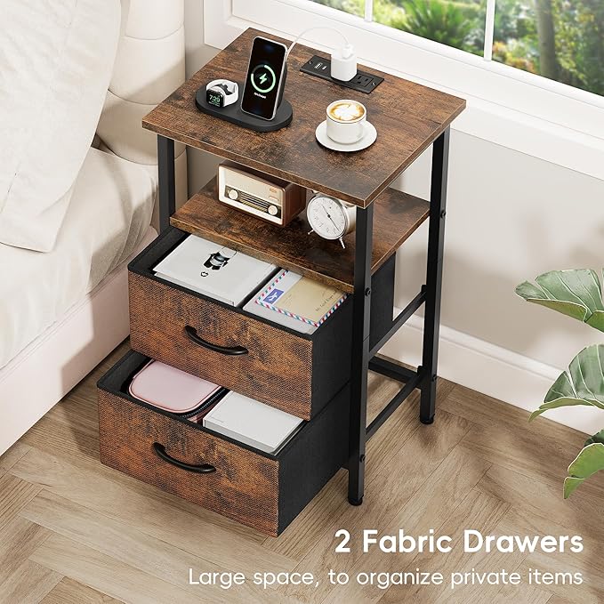 Vagusicc Nightstands Set of 2 Charging Station, End Tables with LED Lights, Bedside Table with 2 Fabric Drawers & Storage Shelves, 24.2" Tall Side Table Night Stand Set 2 for Bedroom, Rustic Brown