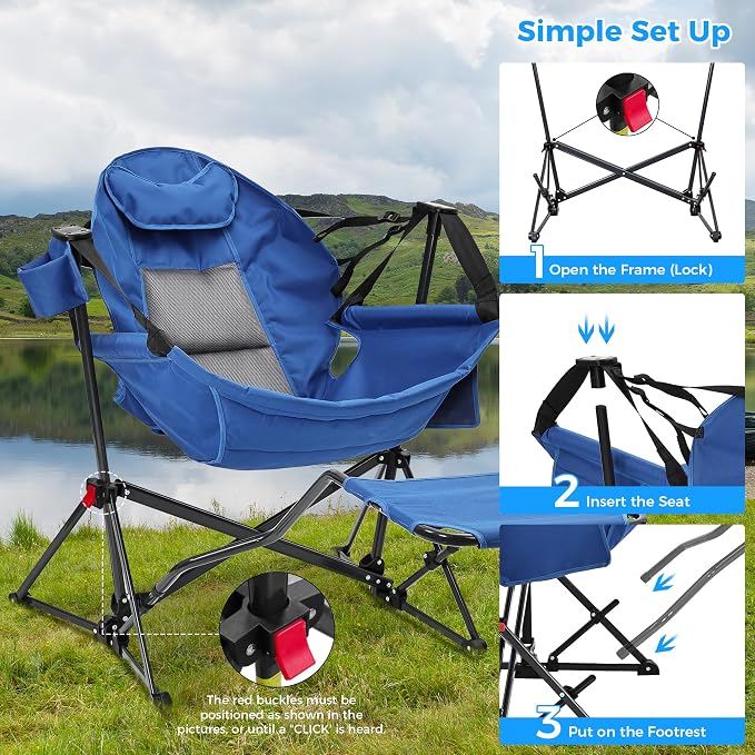 Ainfox Hammock Camping Chair with Footrest, Foldable Portable Rocking Chairs for Adults Outside Swinging Camp with Cup Holder Pillow for Outdoor Patio Poolside (Blue)