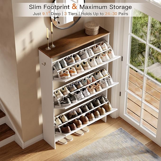Nicetree Shaker Barn Door Shoe Cabinet, 3 Flip Drawers & 3Tier Adjustable Shelves, Ultra Slim Freestanding, Modern Rustic Brushed White Farmhouse Shoe Rack for Entryway, Hallway, Foyer & Mudroom White