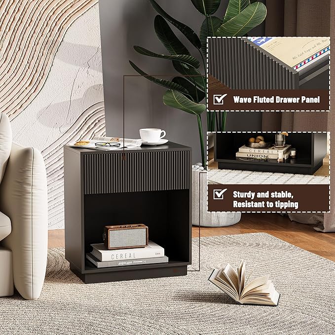 Fluted Nightstands Set of 2, Modern Bedside Table with Drawer and Storage Shelf, Wood End Table Mid Century Night Stands for Bedroom Living Room Sofa Couch Office (Black)