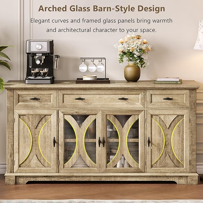 Einhomn 64" Farmhouse Sideboard Cabinet with 3 Drawers and 4 Doors, Buffet Cabinet with Adjustable Shelves and Curved Glass Doors, Large Storage Cabinet for Dining Room, Living Room, Kitchen,Natural