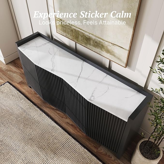 BELLEZE Set of 2 Sideboard Buffet Cabinet, 132'' Modern Credenza with Storage Adjustable Shelf, Fluted Console Table with Faux Marble Panel for Kitchen, Dining Room, Entryway - Ebony