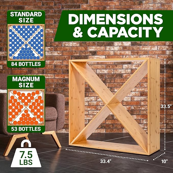 Nutrichef X Self Oversize Stackable Modular Wine Rack, Fits Up to 84 Standard Size Bottles Compatible and Stackable w/All Wine Racks - Bamboo Construction with Anti Moisture Protective Finish