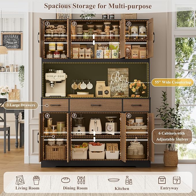 HOSTACK 71" Tall Pantry Cabinet with Charging Station, 55" Wide Kitchen Pantry Storage Cabinet with Countertop, Large Kitchen Hutch with Storage Drawers for Dining Room, Brown/Black