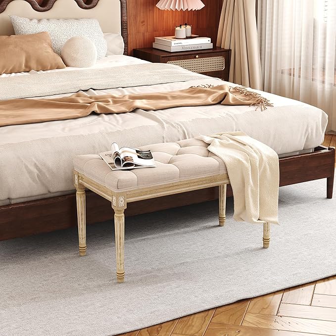 Yusong Upholstered Bench, Bedroom Bench for End of Bed, Piano Bench with Button Tufted Padded Seat for Living Room, Dining, Entryway, Shoe, Vanity Foot-Stool with Carved Wood Legs, Beige