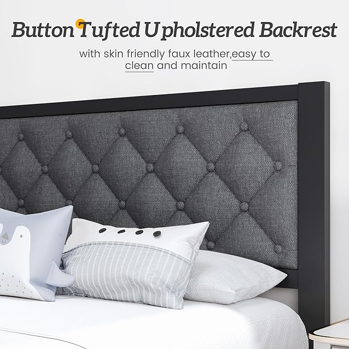HISOFT Twin Bed Frame with Upholstered Button Tufted Headboard, Bed Frame Platform Metal Slats Support, Under Bed Storage, No Box Spring Needed, Noise-Free, Easy Assembly, Grey