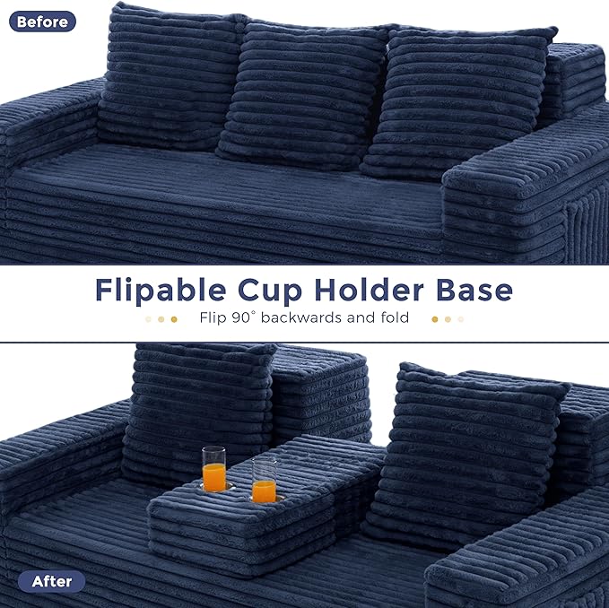 MAXYOYO Loveseat Sofa Bed, Striped Faux Fur Foldable Floor Sofa Couch in A Box, 4 in 1 Convertible Boneless Couch with 2 Cup Holders, Folding Recliner Sleeper Chair, No Assembly Required, Navy