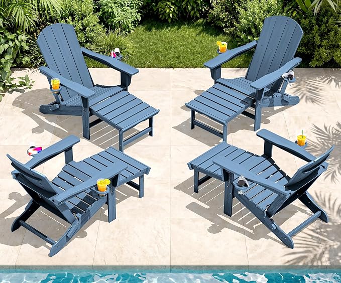 SERWALL Folding Adjustable Adirondack Chairs with Footrest Set of 4, HDPE Outdoor Chair with Dual Cup Holders, All Weather Adirondack Chair with Ottoman, Blue