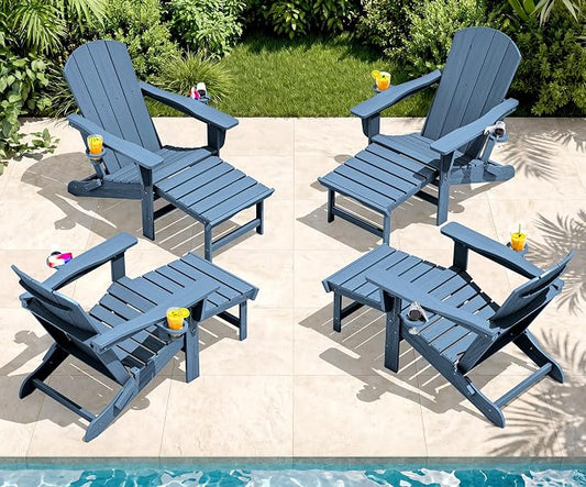 SERWALL Folding Adjustable Adirondack Chairs with Footrest Set of 4, HDPE Outdoor Chair with Dual Cup Holders, All Weather Adirondack Chair with Ottoman, Blue