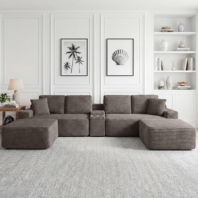 125 Inch Modular Sectional Sofa, Modern Oversized Corduroy Cloud Couch with 2 Ottomans, Cup Holders and USB Ports, U Shape Couch Boneless Couches for Living Room, No Assembly Required, Camel