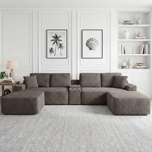 125 Inch Modular Sectional Sofa, Modern Oversized Corduroy Cloud Couch with 2 Ottomans, Cup Holders and USB Ports, U Shape Couch Boneless Couches for Living Room, No Assembly Required, Camel