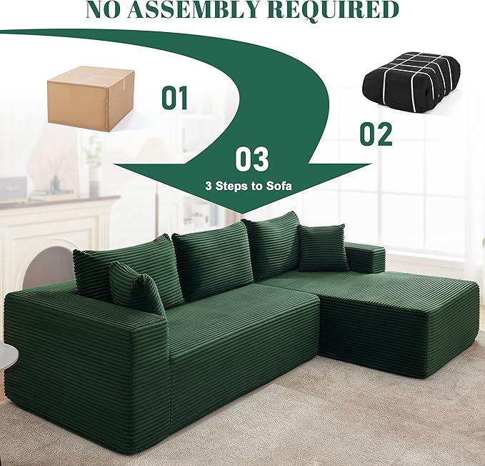 Mangodan 110” Cloud Sectional Couch, Boneless Sofa for Living Room, Modular Sectional Sofa with Deep Seat, Comfy Fluffy Couch with L-Shaped Chaise, No Assembly Required (Right-Facing Chaise, Green)