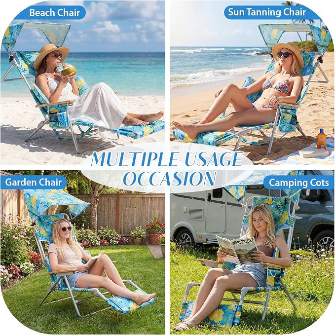 5-Positon Backpack Beach Chair, Portable Folding Tanning Chair, Double Shoulder Straps Beach Lounge Chair with Footrest, Face Hole, Towel Bar for Camping (Yellow Green, 60.6" with Canopy)