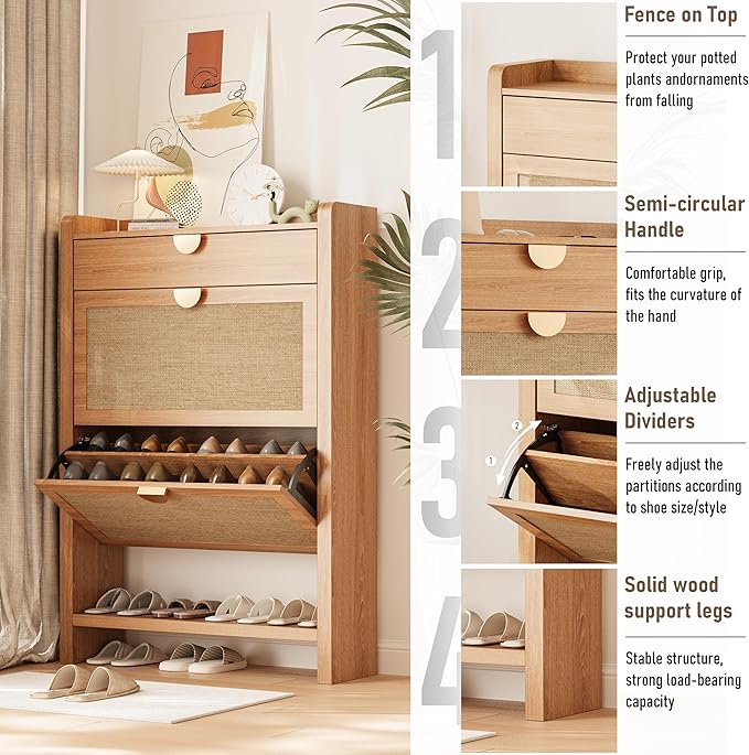 INNOD Rattan Shoe Storage Cabinet, Shoe Organizer with 2 Flip Drawers, Narrow Shoe Cabinet, Free Standing Hidden Shoe Storage, Shoe Rack for Entryway/Hallway/Closet, Natural Oak