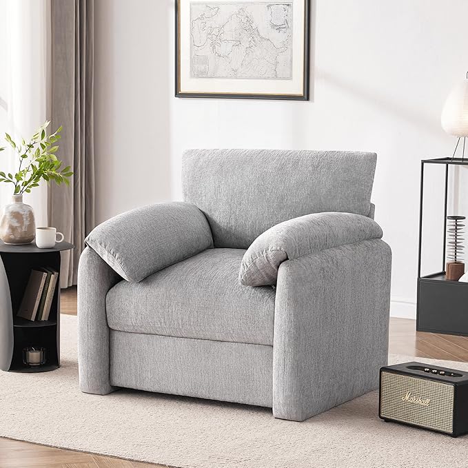 Howjoe Chenille Oversized Armchair, 38.6'" Wide Accent Chairs for Living Room & Bedroom Modern Lounge Chair, Upholstered Mid-Century Reading Chair (LightGrey, 1 Pack)