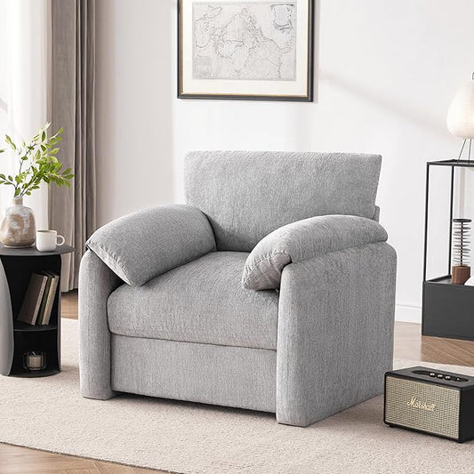 Howjoe Chenille Oversized Armchair, 38.6'" Wide Accent Chairs for Living Room & Bedroom Modern Lounge Chair, Upholstered Mid-Century Reading Chair (LightGrey, 1 Pack)