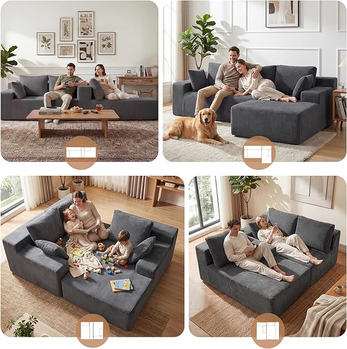 GRUSIGN Cloud Sectional Boneless Couches for Living Room, Modular L Shaped Couch with Deep Seat Oversized Right Facing Chaise, Memory Foam Compressed Spineless 3 Seater Sofa, Grey