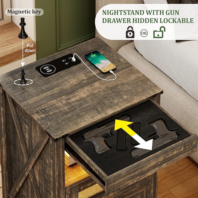 Night Stand with Gun Drawer, Bedside Table with Charger Station & LED Human Sensor Light, Gun Nightstand End Tables Bedroom Living Room, Rustic