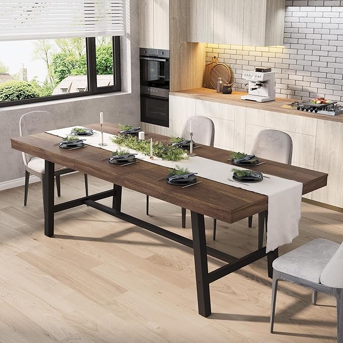 GarveeHome 63-83" Extendable Dining Table, Industrial Rectangular Dining Room Table for 6-8 People, Expandable Kitchen Table with Heavy Duty Metal Frame for Dining Room, Kitchen & Parties, Brown