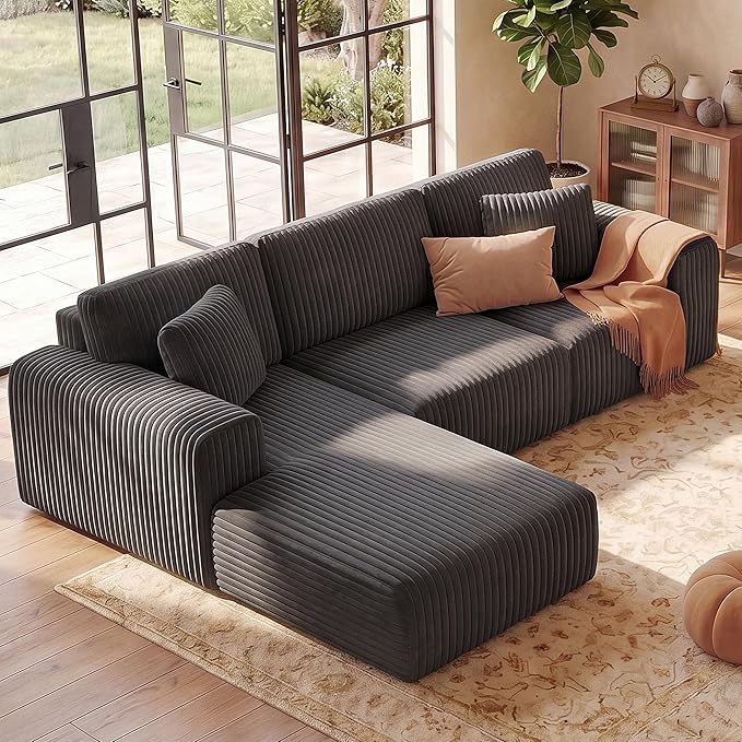 GRUSIGN 107'' Cloud Sectional Boneless Couches for Living Room, Modular L Shaped Couch with Deep Seat Oversized Left Facing Chaise, Memory Foam Compressed Spineless 3 Seater Sofa, Wide-Striped Grey