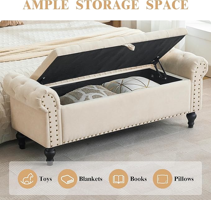 51" Storage Ottoman Bench, End of Bed Bench for Bedroom, Storage Ottomans for Foot of Bed, Chenille Upholstered Benches, Window Benches for Living Room, Entryway, Beige